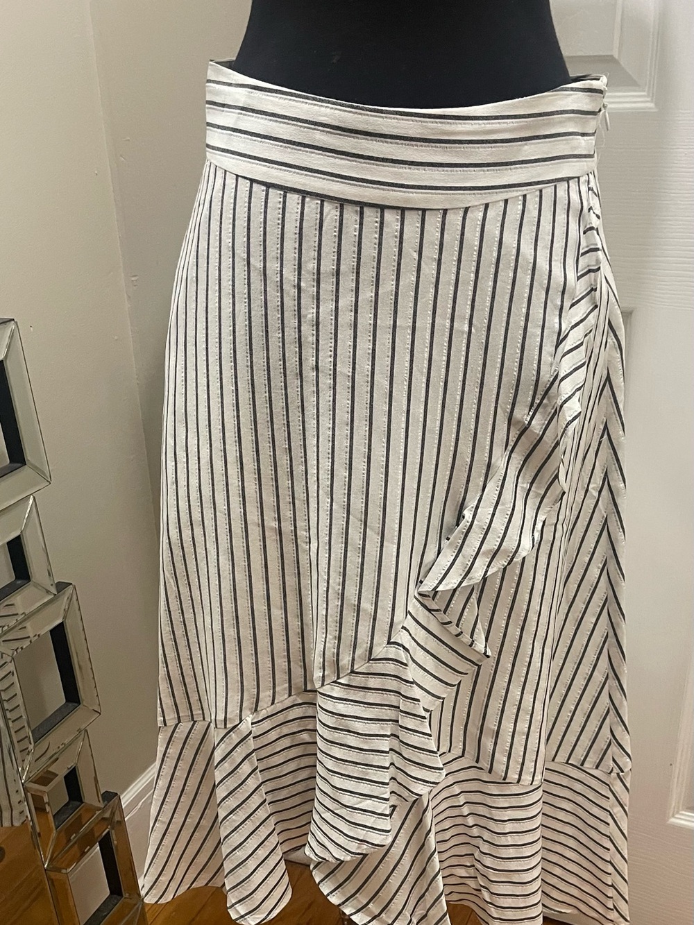 RACHEL Rachel Roy White and Black Striped Ruffle Midi Skirt